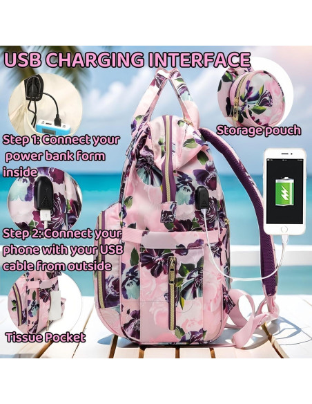 Mochila de Pañales Floral con Cargador USB y 14 Bolsillos Mochila de Pañales Floral con Cargador USB y 14 Bolsillos
