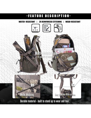 Mochila de Caza Camo con Soporte para Rifle 30L Impermeable
