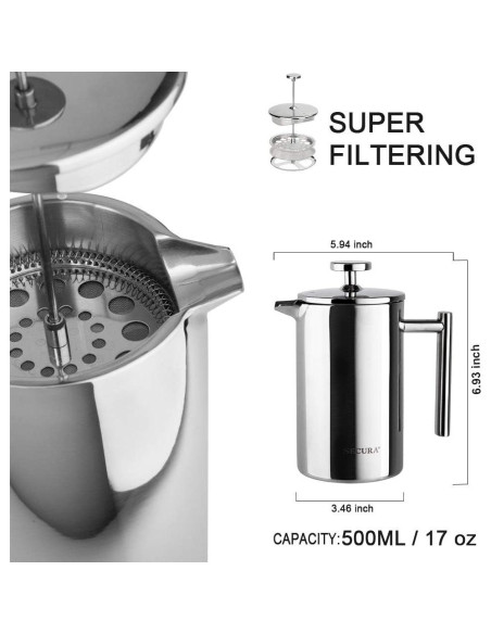 Cafetera Prensa Francesa Secura 17oz Acero Inoxidable Plata Cafetera Prensa Francesa Secura 17oz Acero Inoxidable Plata