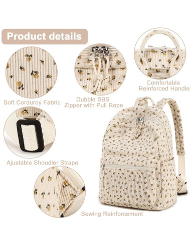 Mini Mochila Corduroy Beige para Mujeres y Niñas 33x28x13cm