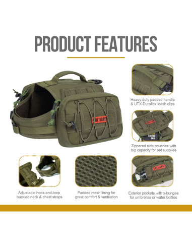Mochila Táctica para Perros OneTigris Verde Grande 3L
