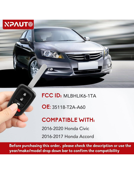 Llavero remoto NPAUTO para Honda Civic 2016-2020 y Accord 2016 Llavero remoto NPAUTO para Honda Civic 2016-2020 y Accord 2016