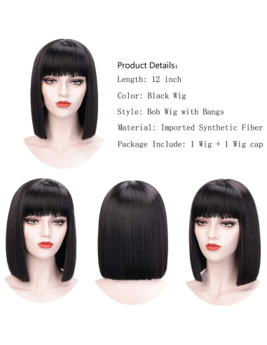 Peluca Bob Negra Juziviee 30 cm con Flequillo Suave