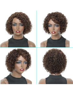 Peluca Rizada Corto UDU Cabello Humano Marrón Mixto 20 cm 2