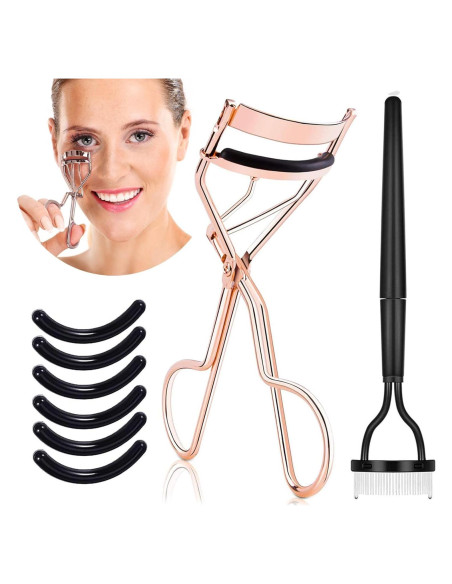 Rizador de Pestañas Genérico Rosa Dorado con Peine y Almohadillas Rizador de Pestañas Genérico Rosa Dorado con Peine y Almohadillas