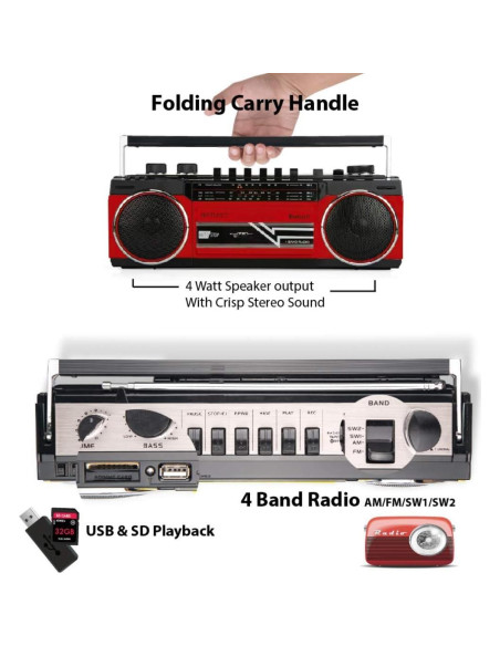 Riptunes Boombox Retro Bluetooth Reproductor de Cassette Rojo Riptunes Boombox Retro Bluetooth Reproductor de Cassette Rojo