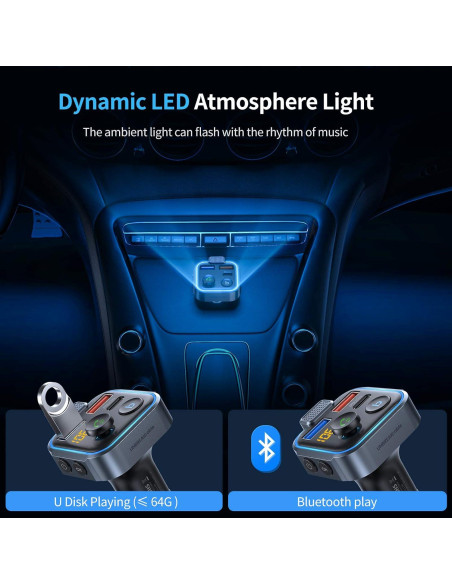 Transmisor FM Bluetooth 5.3 UNBREAKcable para coche, PD 20W Transmisor FM Bluetooth 5.3 UNBREAKcable para coche, PD 20W