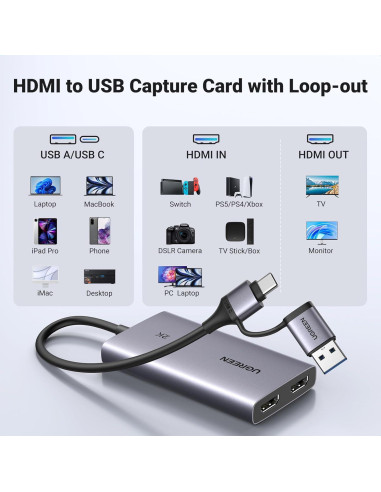 Tarjeta de Captura UGREEN 2K 30fps HDMI USB 3.0