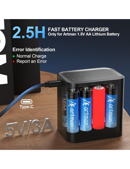 Baterías Recargables AA Artman 3600mWh Cargador USB-C 8 Pzas Baterías Recargables AA Artman 3600mWh Cargador USB-C 8 Pzas