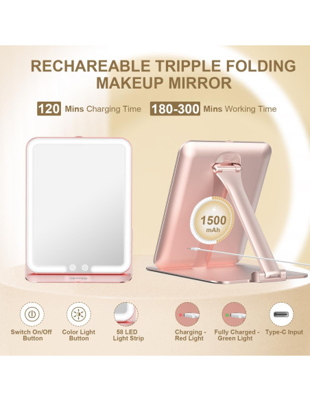 Espejo de Maquillaje Mocado Plegable Triple con Luz LED Espejo de Maquillaje Mocado Plegable Triple con Luz LED