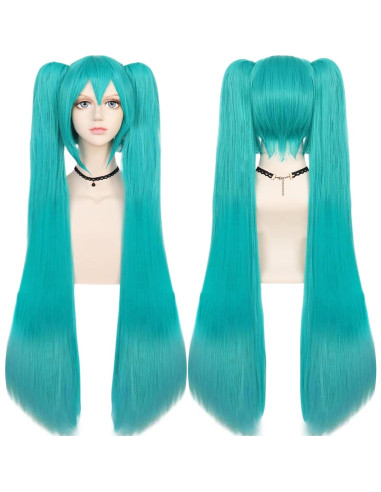 Peluca Verde Teal ANOGOL 120 cm Doble Coleta para Cosplay