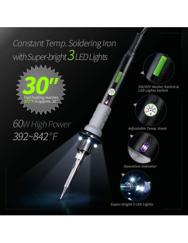 YIHUA 947-V Kit de Soldador 60W con 3 Luces LED