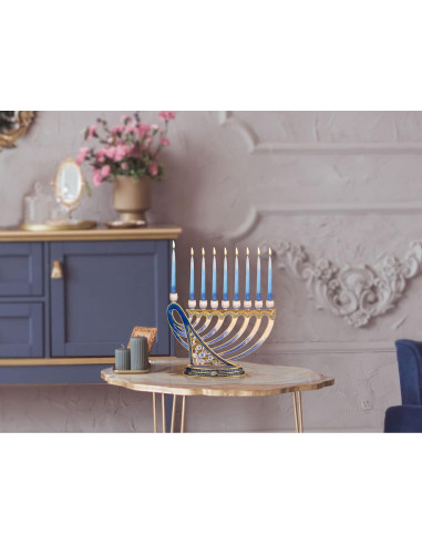 Menorah de Janucá Ner Mitzvah Arpa de David Azul 15.88 cm