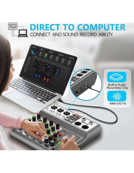 Mezclador de Audio Aveek 5 Canales USB Bluetooth Efectos Mezclador de Audio Aveek 5 Canales USB Bluetooth Efectos