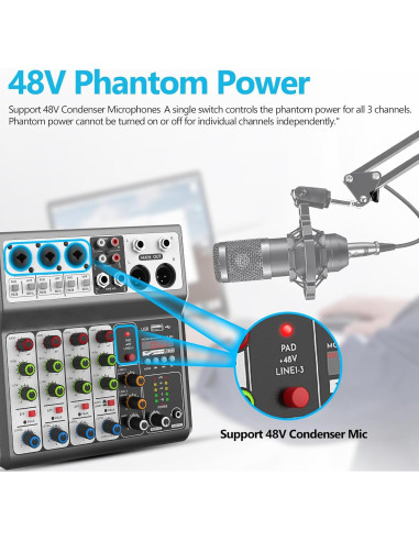 Mezclador de Audio Aveek 5 Canales USB Bluetooth Efectos