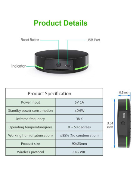 Hub Control Remoto IR Inteligente WiFi 0.13kg 9x9cm Hub Control Remoto IR Inteligente WiFi 0.13kg 9x9cm