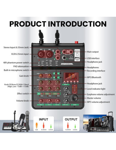 Consola de Mezcla de Audio 4 Canales RA-4 con Micrófonos