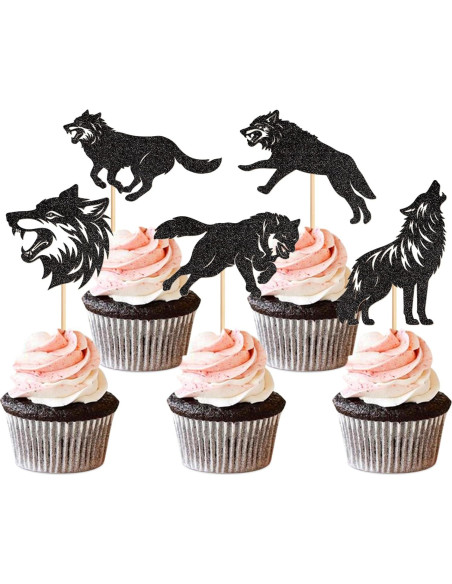 Adornos de Cupcake Ercadio 25 PCS Lobo Negro Brillo Adornos de Cupcake Ercadio 25 PCS Lobo Negro Brillo