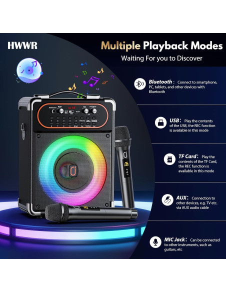 Máquina de Karaoke Bluetooth 5.3 con 2 Micrófonos y Luces Máquina de Karaoke Bluetooth 5.3 con 2 Micrófonos y Luces