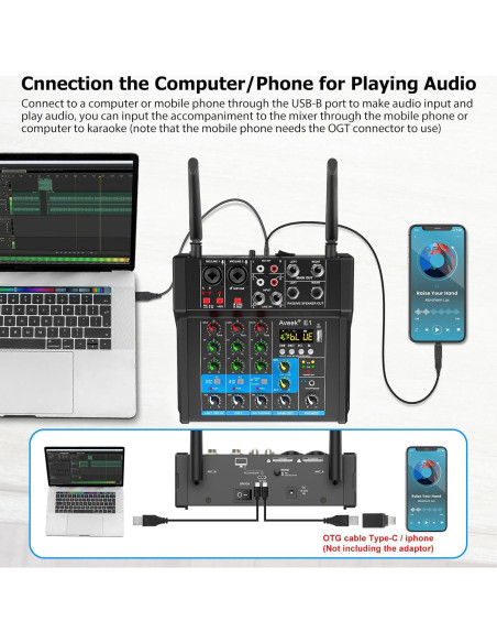 Mezclador de Sonido 4 Canales con Bluetooth y Micrófonos Mezclador de Sonido 4 Canales con Bluetooth y Micrófonos