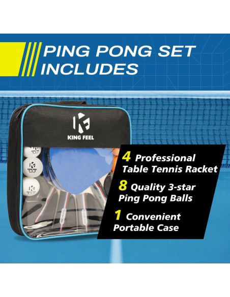 Juego de Palas de Ping Pong KINGFEEL 4 Palas y 8 Pelotas Juego de Palas de Ping Pong KINGFEEL 4 Palas y 8 Pelotas