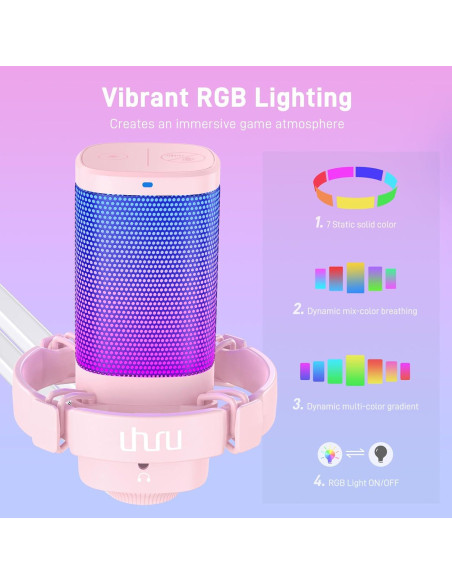 Micrófono USB UHURU UM2S Rosa para PC con RGB y cancelación Micrófono USB UHURU UM2S Rosa para PC con RGB y cancelación