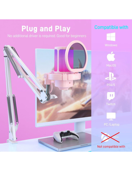 Micrófono USB UHURU UM2S Rosa para PC con RGB y cancelación Micrófono USB UHURU UM2S Rosa para PC con RGB y cancelación