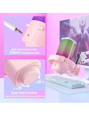 Micrófono USB UHURU UM2S Rosa para PC con RGB y cancelación