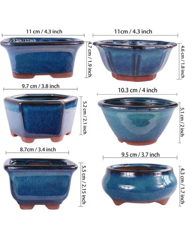 Macetas Bonsai MUZHI 6 Pack Esmaltadas 10 cm Azul
