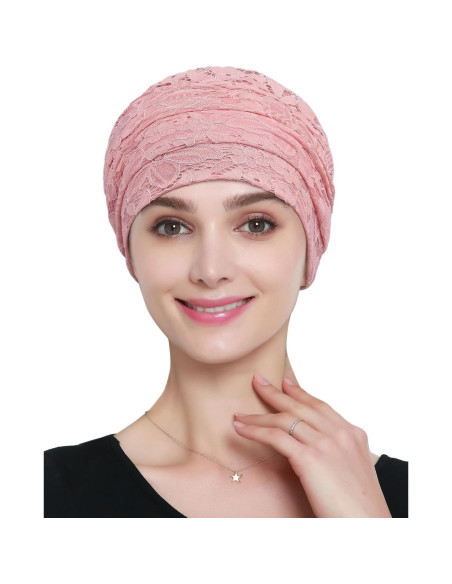 Gorro de Viscosa Rosa para Mujeres con Encaje para Dormir Gorro de Viscosa Rosa para Mujeres con Encaje para Dormir