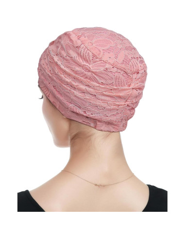 Gorro de Viscosa Rosa para Mujeres con Encaje para Dormir