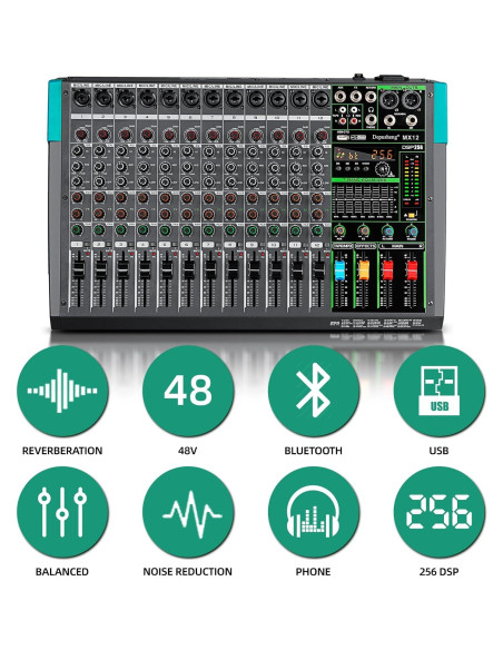 Mezclador de Audio Depusheng MX12 12 Canales USB 48V DSP Mezclador de Audio Depusheng MX12 12 Canales USB 48V DSP