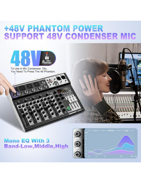 Consola de Mezcla de Audio 6 Canales Bluetooth +48V Phantom Consola de Mezcla de Audio 6 Canales Bluetooth +48V Phantom