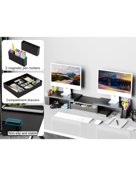 Elevador Doble Monitor Spacrea con Cajón y Sujetapapeles Negro Elevador Doble Monitor Spacrea con Cajón y Sujetapapeles Negro