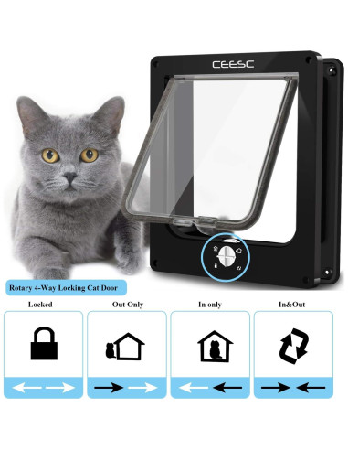 Puerta para Gatos CEESC L Negra Impermeable con Cerradura 4 Vías