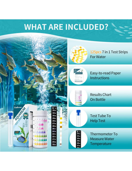 Kit de Prueba de Acuario 7 en 1 Umlecoa - 125 Tiras y Termómetro Kit de Prueba de Acuario 7 en 1 Umlecoa - 125 Tiras y Termómetro