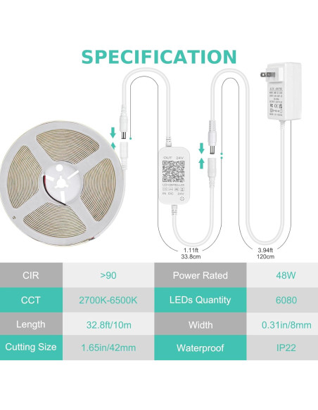 Tira de luz LED COB Wefomey 10m regulable 2700K-6500K Tira de luz LED COB Wefomey 10m regulable 2700K-6500K