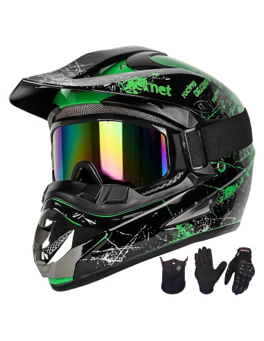 Casco de Motocross Yesmotor YK125 Verde Grande con Set 4 Piezas