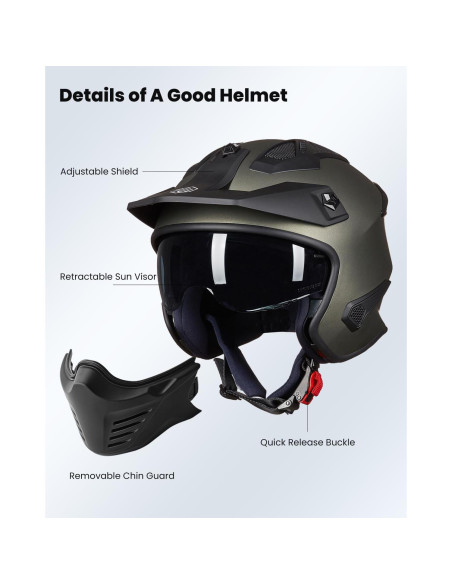Casco Abierto ILM 726X Verde Medianoche 3/4 para Motocicleta Casco Abierto ILM 726X Verde Medianoche 3/4 para Motocicleta
