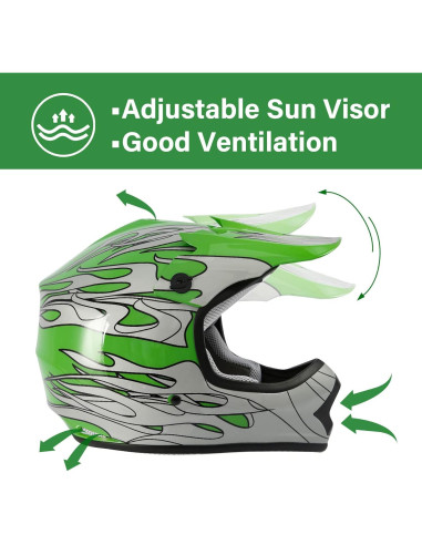 Casco TCT-MOTORPARTS Llama Verde para Niños + Guantes + Gafas