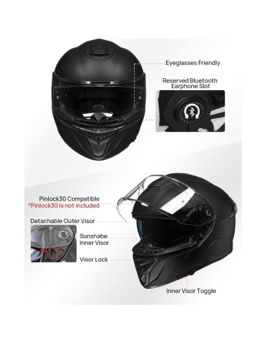 Casco Integral ILM 861A Doble Visera Negro Mate XL