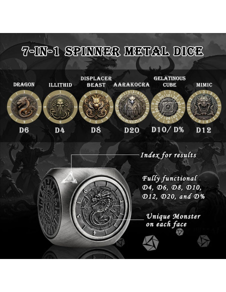 Dados Spinner 7-en-1 Haxtec de Metal para DND Dados Spinner 7-en-1 Haxtec de Metal para DND