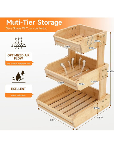 Soporte de Frutas de Bambú KISENG 3 Niveles Natural