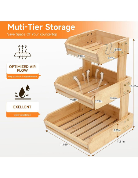 Soporte de Frutas de Bambú KISENG 3 Niveles Natural Soporte de Frutas de Bambú KISENG 3 Niveles Natural