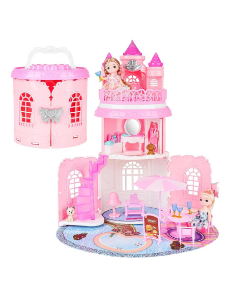 Casa de Muñecas Portátil deAO 3 Pisos con Accesorios Rosa Casa de Muñecas Portátil deAO 3 Pisos con Accesorios Rosa