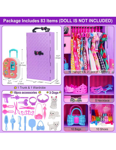 K.T. Fancy 83 Pcs Muñecas y Accesorios con Armario Morado