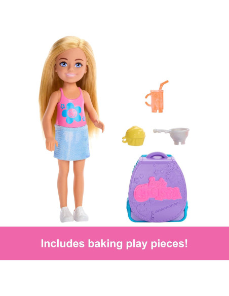 Muñeca Chelsea Barbie con mochila y set para hornear Muñeca Chelsea Barbie con mochila y set para hornear
