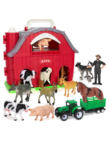 Juego de Granja Roja Ellinjan con Animales y Tractor 27,9 cm