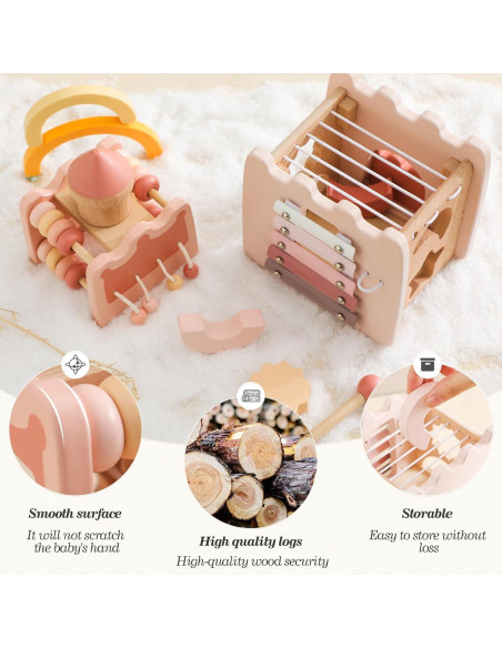 Cubo de Actividad de Madera 5 en 1 Wooden Teether para Bebés Cubo de Actividad de Madera 5 en 1 Wooden Teether para Bebés