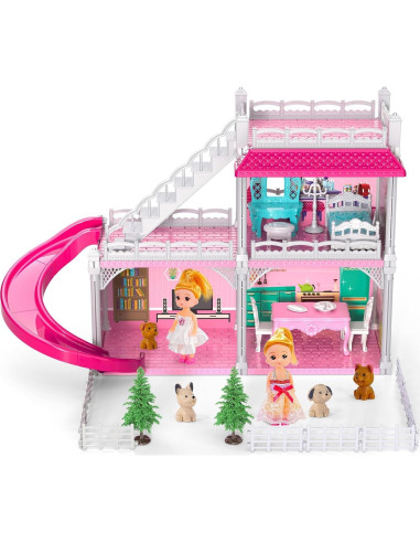 Casita de Muñecas Doloowee 2 Pisos 3 Habitaciones Rosa